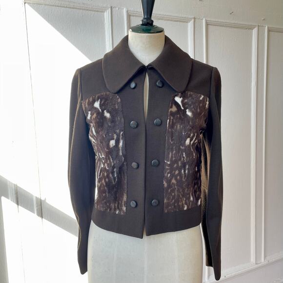 Mod  60s / 70s Double Knit Animal Print Velveteen Vintage Crop Jacket Big Collar - Picture 9 of 13